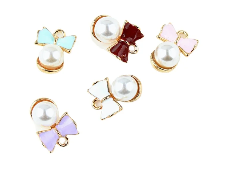 

color enamel bow charms with pearl Korea bow knot charms DIY metal butterfly bow knot charms for bracelet necklace