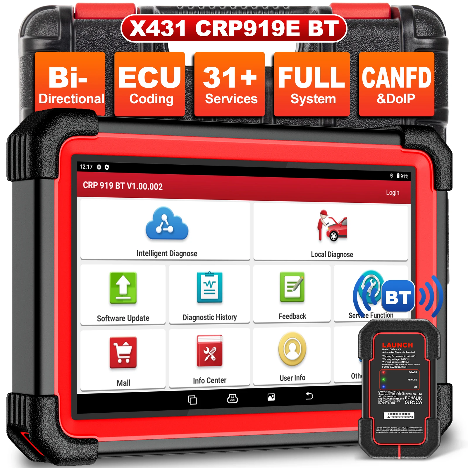 

LAUNCH X431 CRP919E Bluetooth BT Code Reader ALL System Diagnostic Tools ECU Coding Active Test AF IMMO 31 Resets OBDII