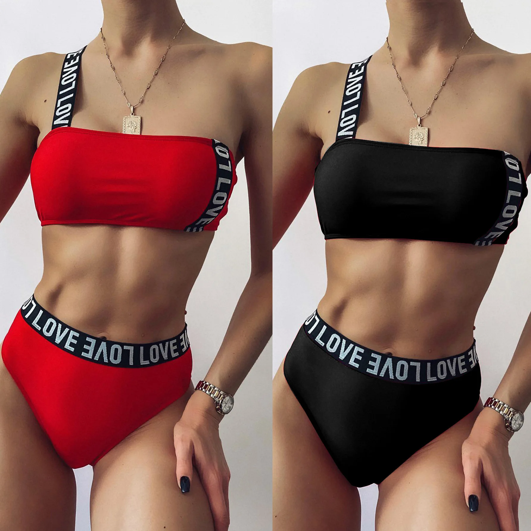 

Amazon Hot Sales 2021 Women Two Pieces Swimwear Sexy Red and Black One Shoulder Shein Bikini