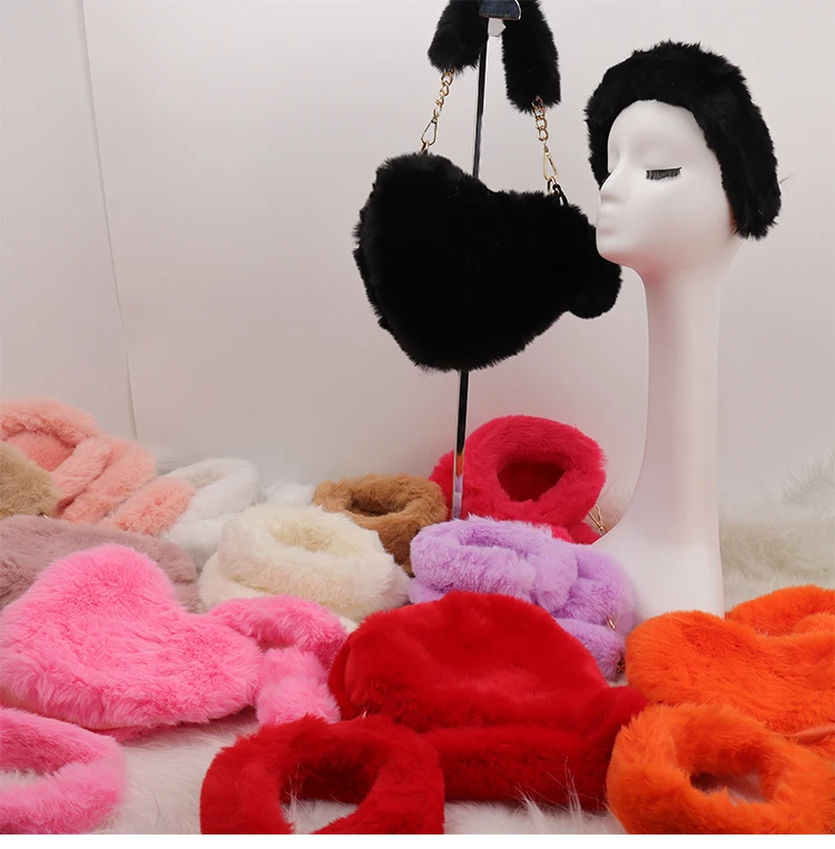 

Winter Fur Bag Supplier Fashion Coin 2021 Designer bags women heart fur purse with fur headbands hairbands hair bands, Pink,black,orange,red and more colors