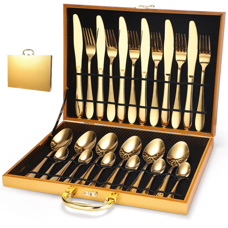 

Cutlery set 24pcs Stainless Steel Flatware Set for Restaurant portugal style flatware restaurant Silverware Set with Gold Box, Many color