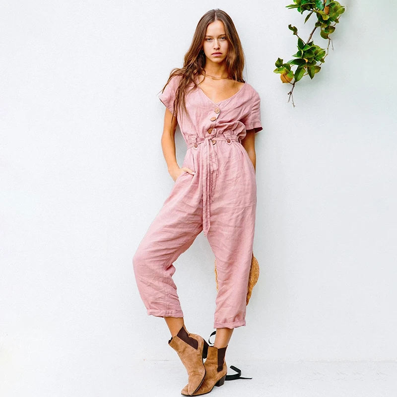 Fashion summer New Design Jumpsuit V Neck short sleeve Womens One Piece Jumpsuits Rompers