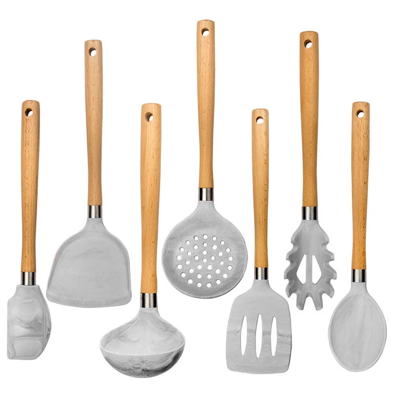 

Marble style kitchen gadget tools wooden handle silicone cooking utensils set