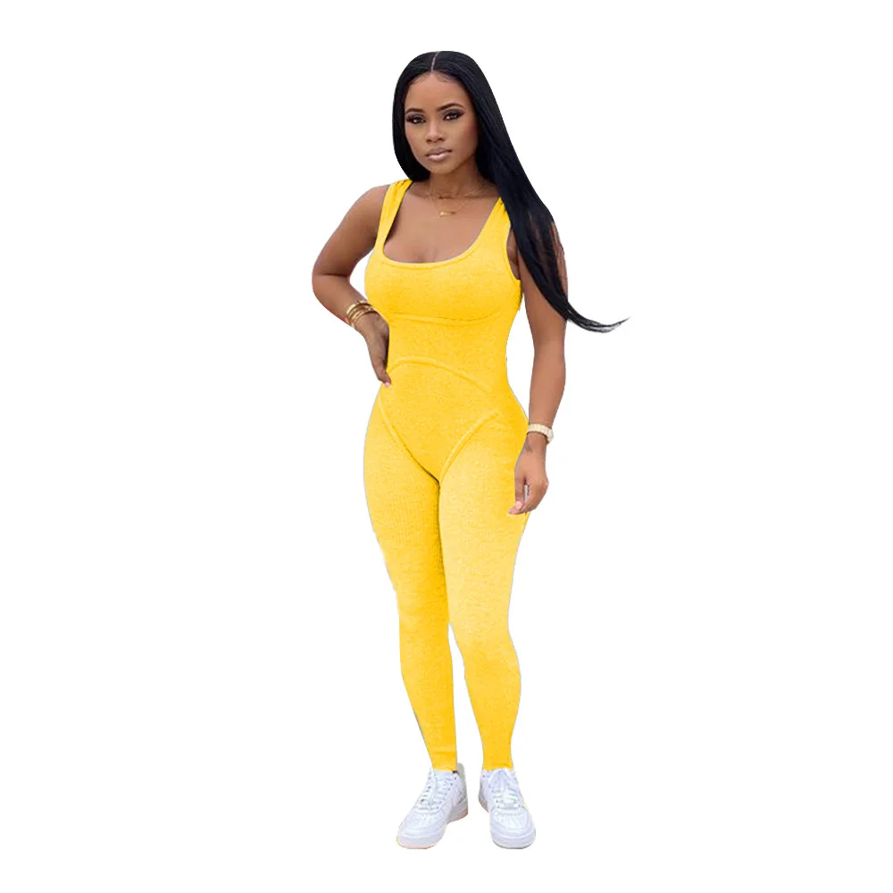 

2021 New Arrivals Fashion Women Casual V-Neck Sleeveless Tank Top Long Pants Solid Yoga Jumpsuit Tracksuit, Picture show
