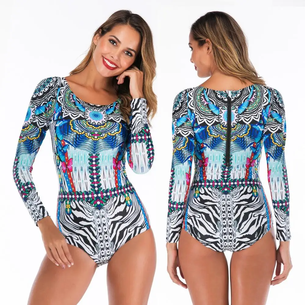 New Arrival Sublimation Printed One piece long sleeve women girls swimwear for surfing and swimming swimsuit women