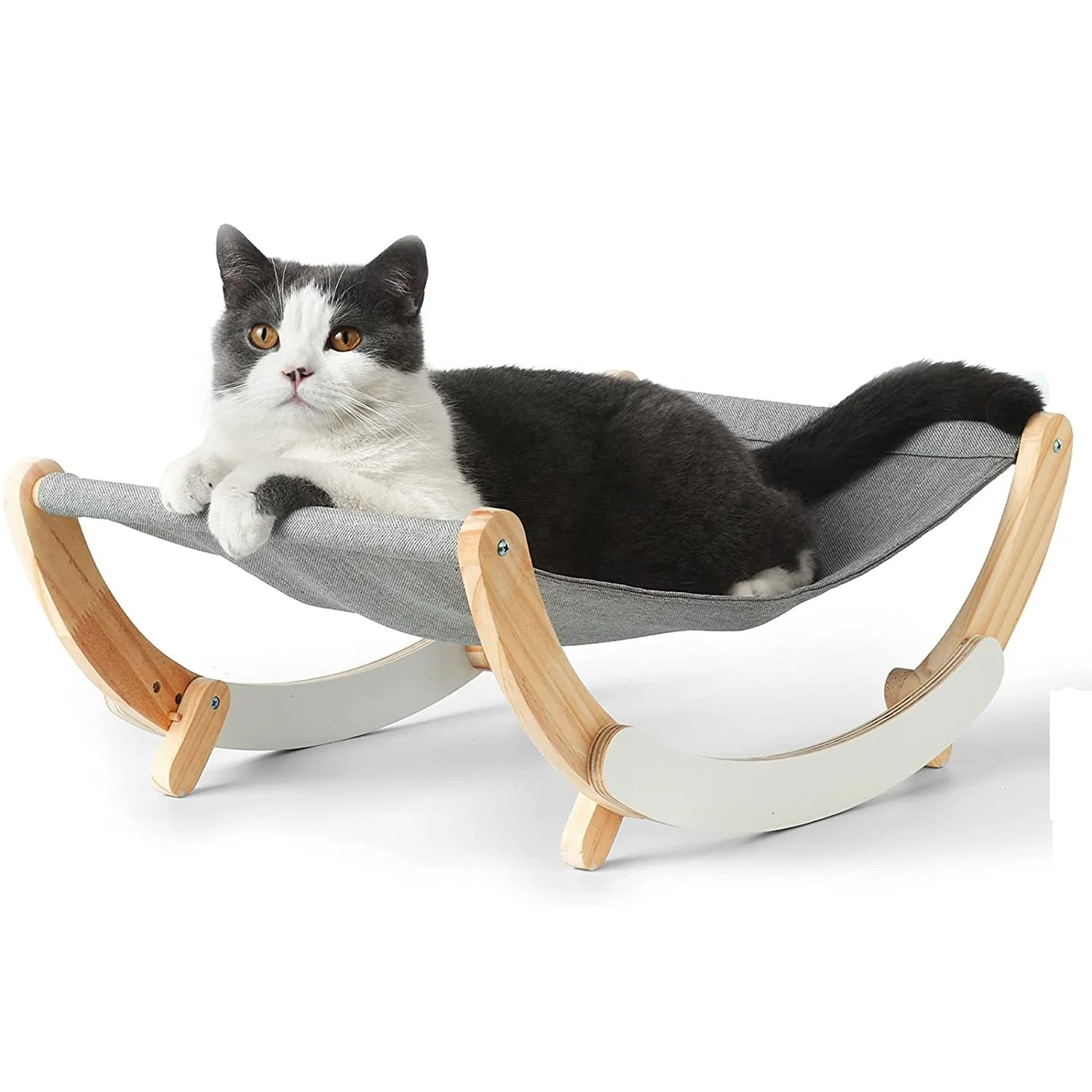 

Wooden Elevated Frame Hammocks with Comfortable Printed Canvas Cat Swing Rocking Chair Kitty Hammock Bed Cat Furniture, Grey, blue, dual color