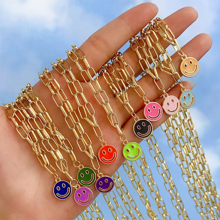 

SC Hot Selling Hollow Smile Necklace Fashion Gold Plated Paperclip Chain Necklaces Healing Mood Round Smiley Face Necklace Women, White, black, red, pink, orange, purple, blue