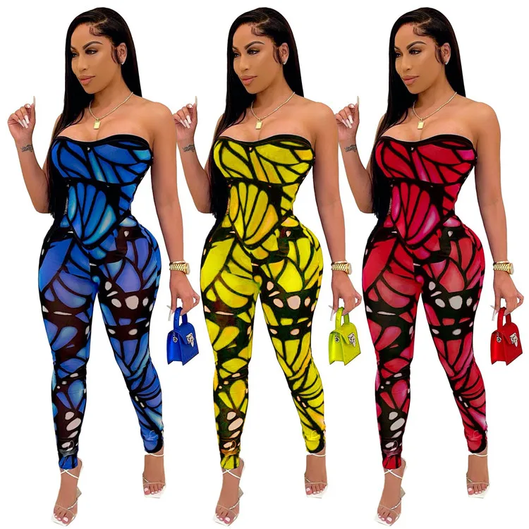 

LXE 2021 Sexy Ladies One Piece Rompers Strapless Butterfly Printed Bodycon Summer Women Tube Top Jumpsuits, Picture