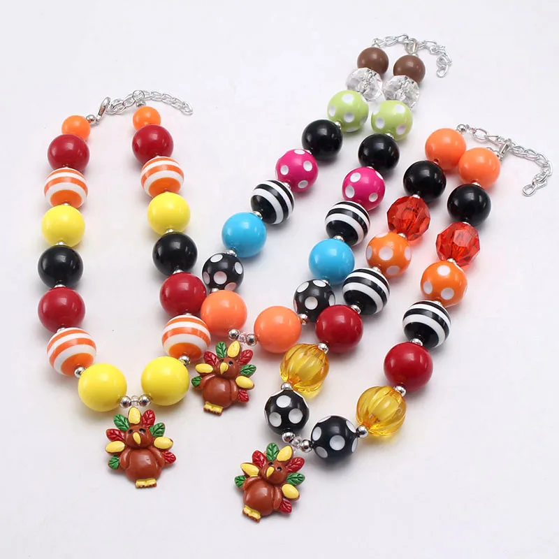 

Wholesale thanksgiving colorful rhinestone chunky bubblegum beads turkey jewelry pendant baby girls necklace, As picture show