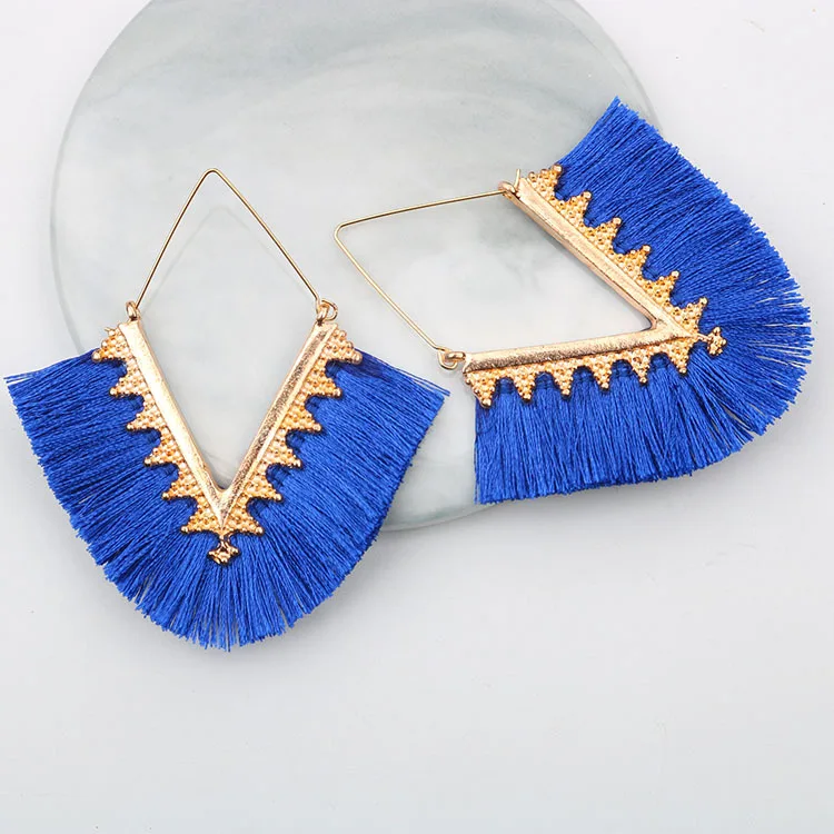 

Wholesale Fashion Statement Jewelry V Shaped Silk Thread Tassel Earrings For Women, Gold