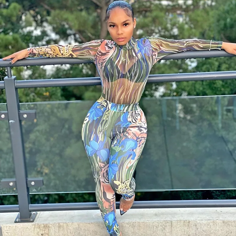 

Female Clothing Bodycon Bodysuit Long Pants Tiger Head Print Sexy Mesh 2 Piece Set