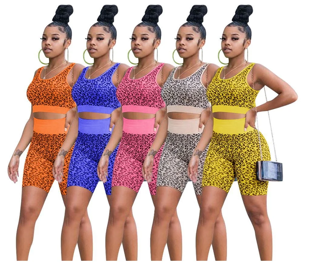 

Summer 2021 Two Piece Biker Short Yoga Set Leopard Print Slim Sportswear 2 Piece Vest Short Set Suit Outfits For Women