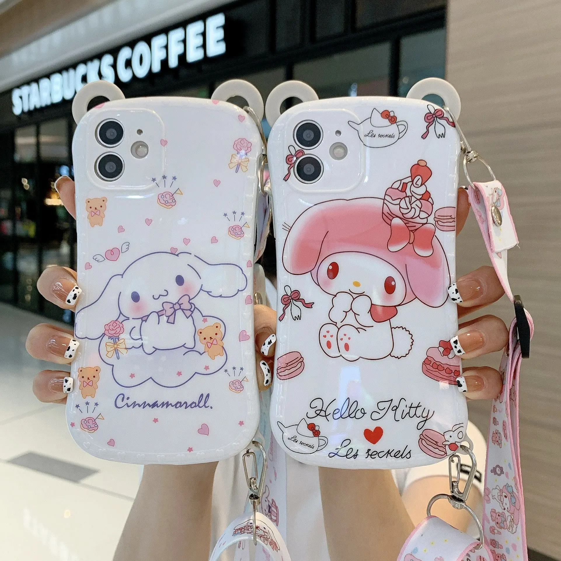 

For iPhone 12 Pro Max XR 7 8 Plus Cute Cartoon Bear Ear Soft IMD Melody Stellalou Phone Case Cover With Crossbody Shoulder Strap