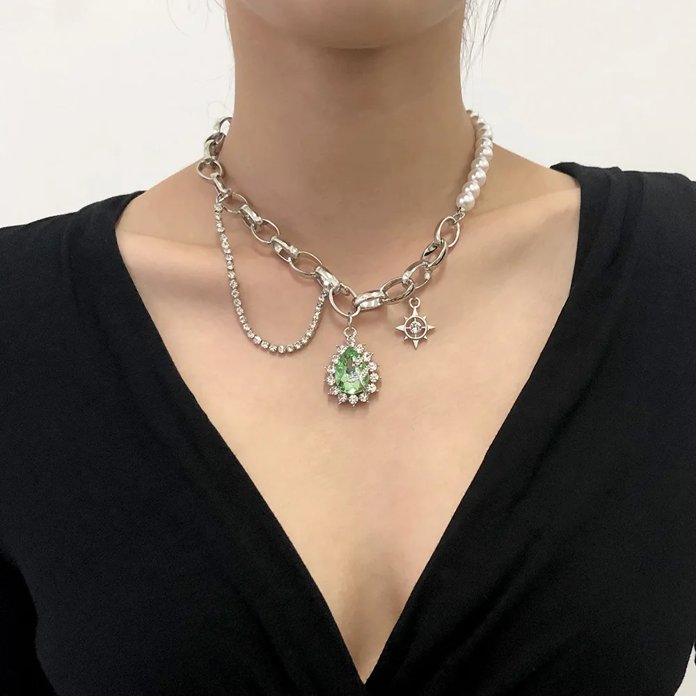 

2021 Creative Trendy Jewelry Punk Cuban Pearl Chain Necklace Cuban Chain Crystal Pearl Water Drop Pendent Necklace