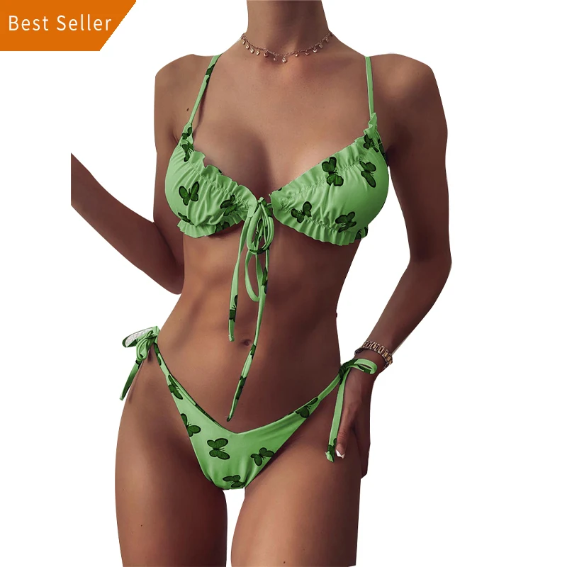 

New Butterfly Printed Knotted Bikini Female Swimsuit Women Swimwear Two-pieces Swim set Bather Bathing Suit Bikini 2021