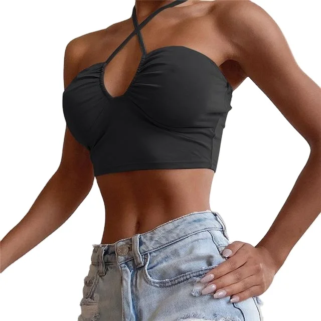 

Sexy Solid Color Hanging Neck Small Sling Outer Wear Ultra Short Backless Tube Top Bottoming Top, Picture color