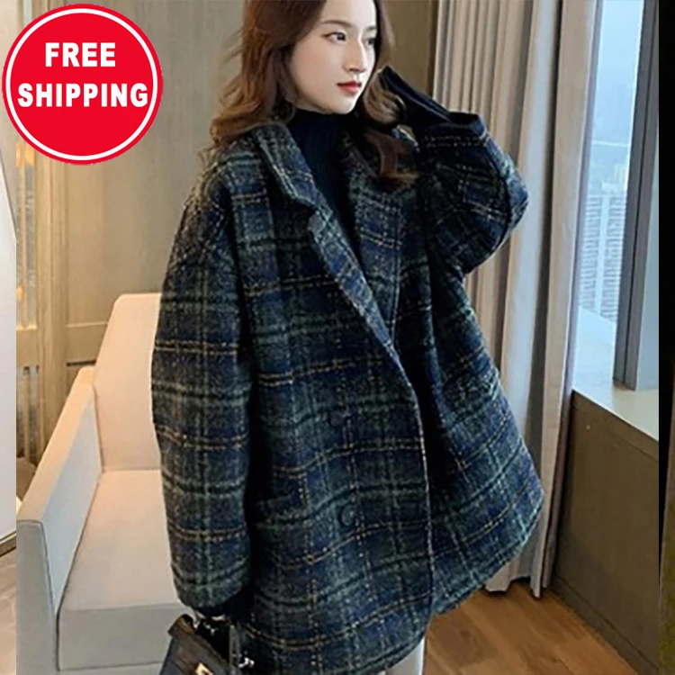 

Women's mid-length coat thick winter cotton plaid woolen coats and jackets 2021
