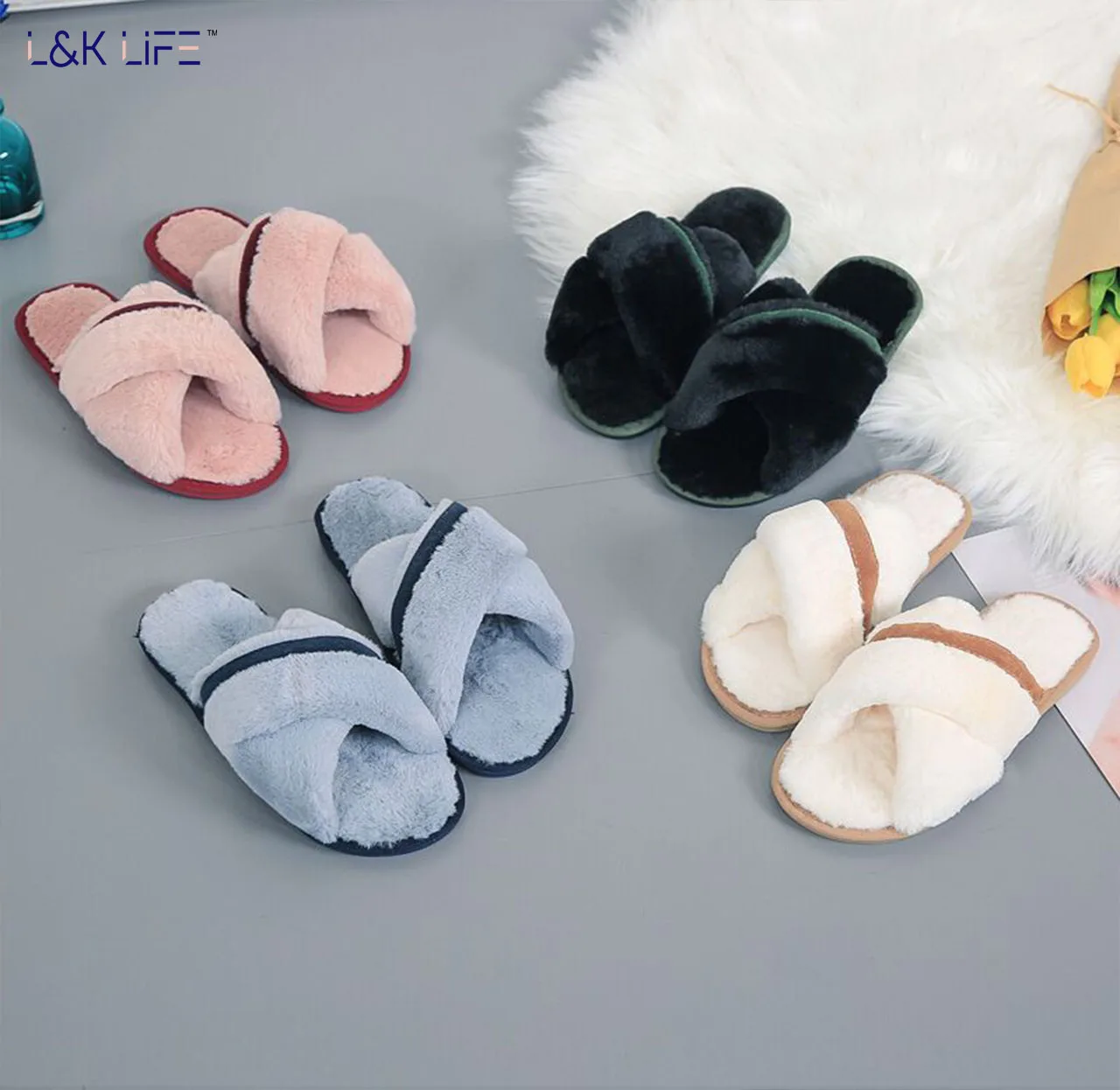 

Women House Slippers Warm Faux Fur Ladies Cross Soft Plush Furry Female Open Toe Slides Fashion Shoes, Black, purple, khaki, gray
