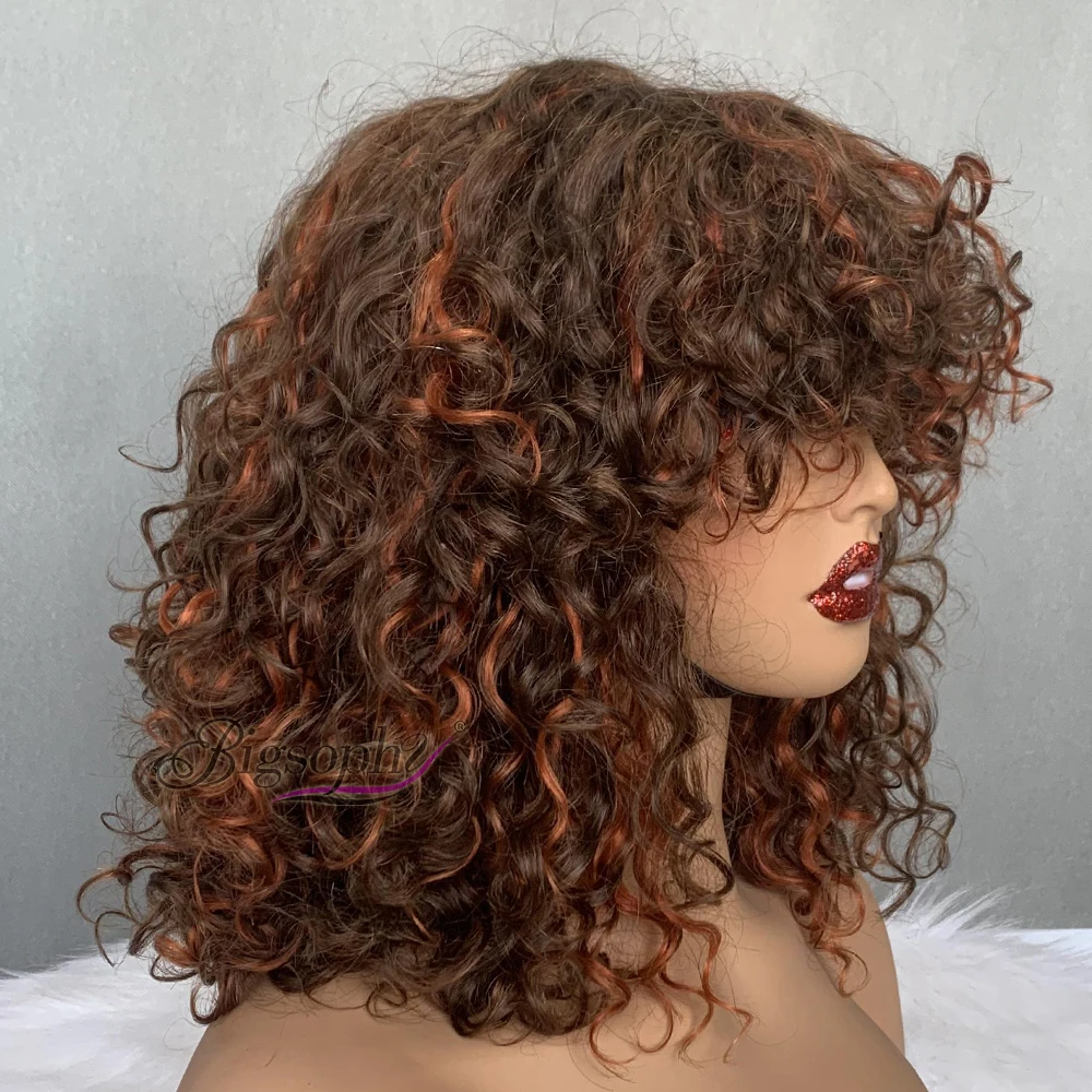 Bob Wig Glueless#P4 350 Colored Bob WigsSuper Double Drawn 12 Inch Luxury Curly Human Hair Wig With Bangs