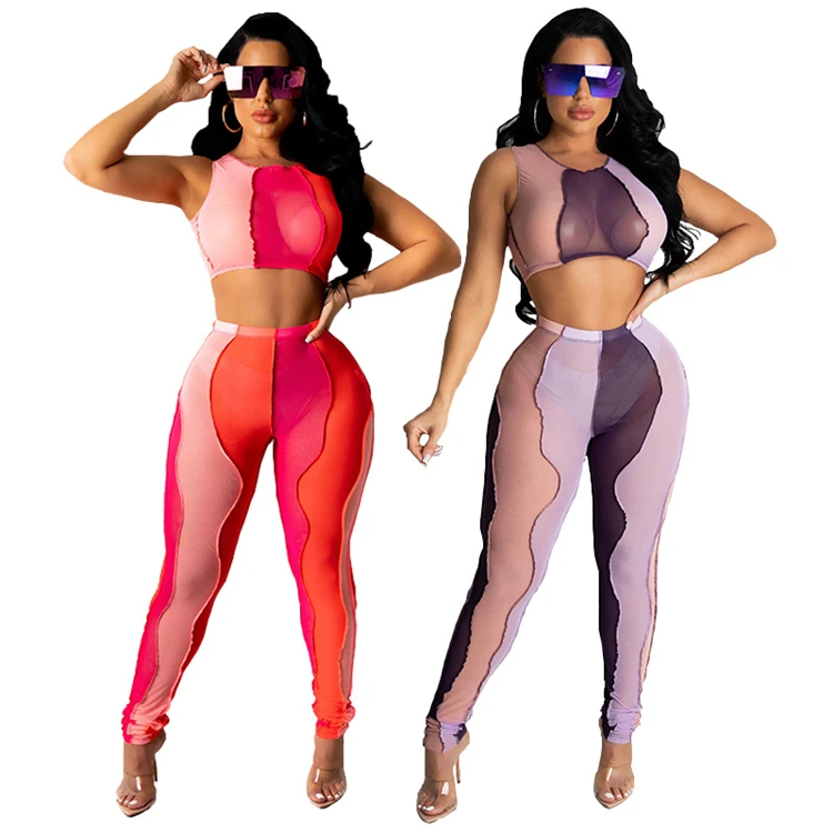 

DUODUOCOLOR Sexy crop top two piece fashion thigt patcwork sleeveless wrinkled long pants sets summer 2021 D97842
