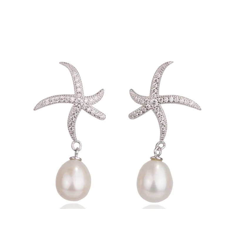 

Ladies Gift Trendy Fashion Party Platinum Starfish 925 Sterling Silver Freshwater Pearl Women Jewelry Stud Earrings