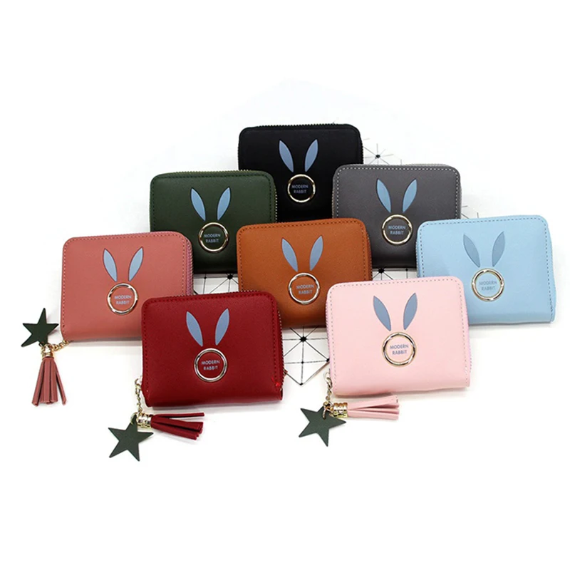 

Fashion women wallet cute design PU leather trendy girl wallets mini rabbit short zipper wallet, Black,pink,blue,gray,red,green