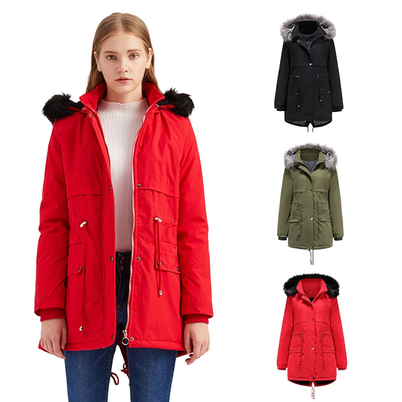 

Wholesale ladies fashion solid color coats winter warm windproof women fur collar hoodie jackets, 3 colors