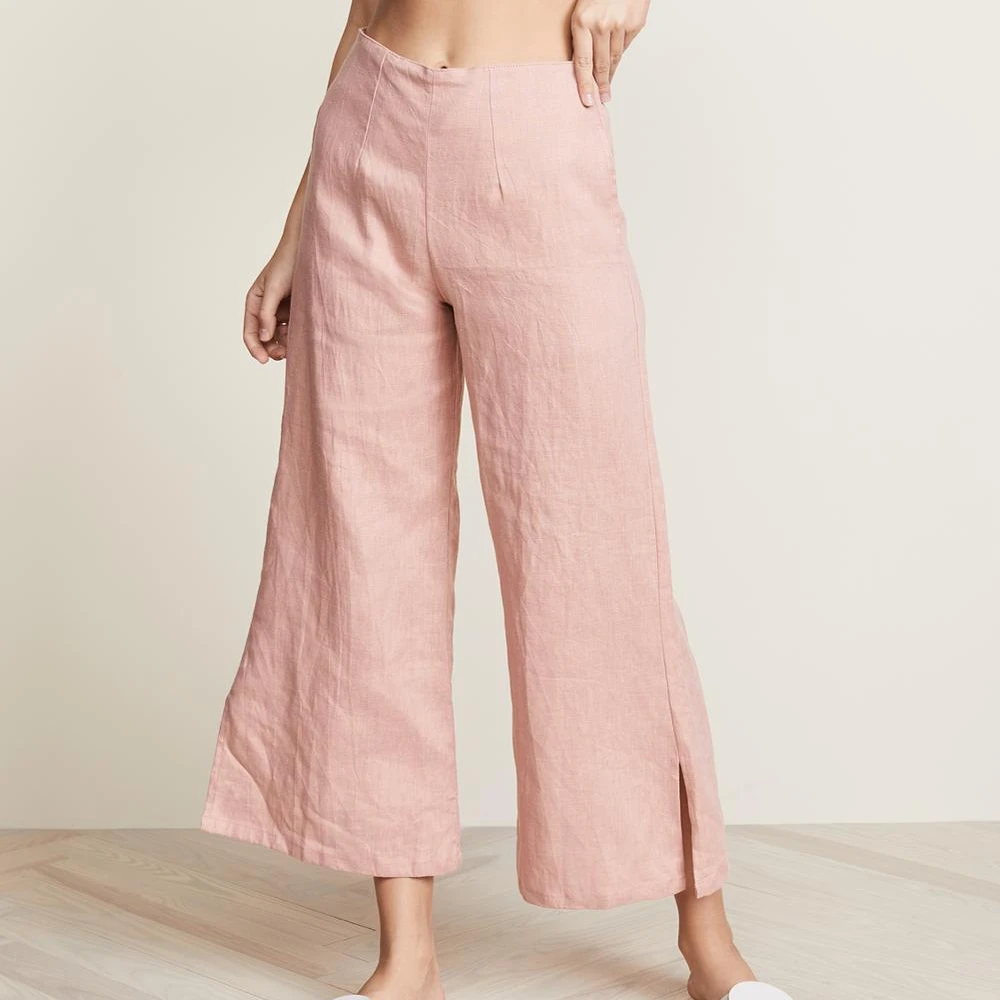 

Summer Women Linen Side Slits With Wide Leg Pink Women Pants, Pink & customized