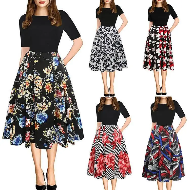 

New fashion clothing for Girls Women's Vintage Patchwork Pockets Puffy Swing Casual Party Dress Short Sleeve Slim Midi Dress