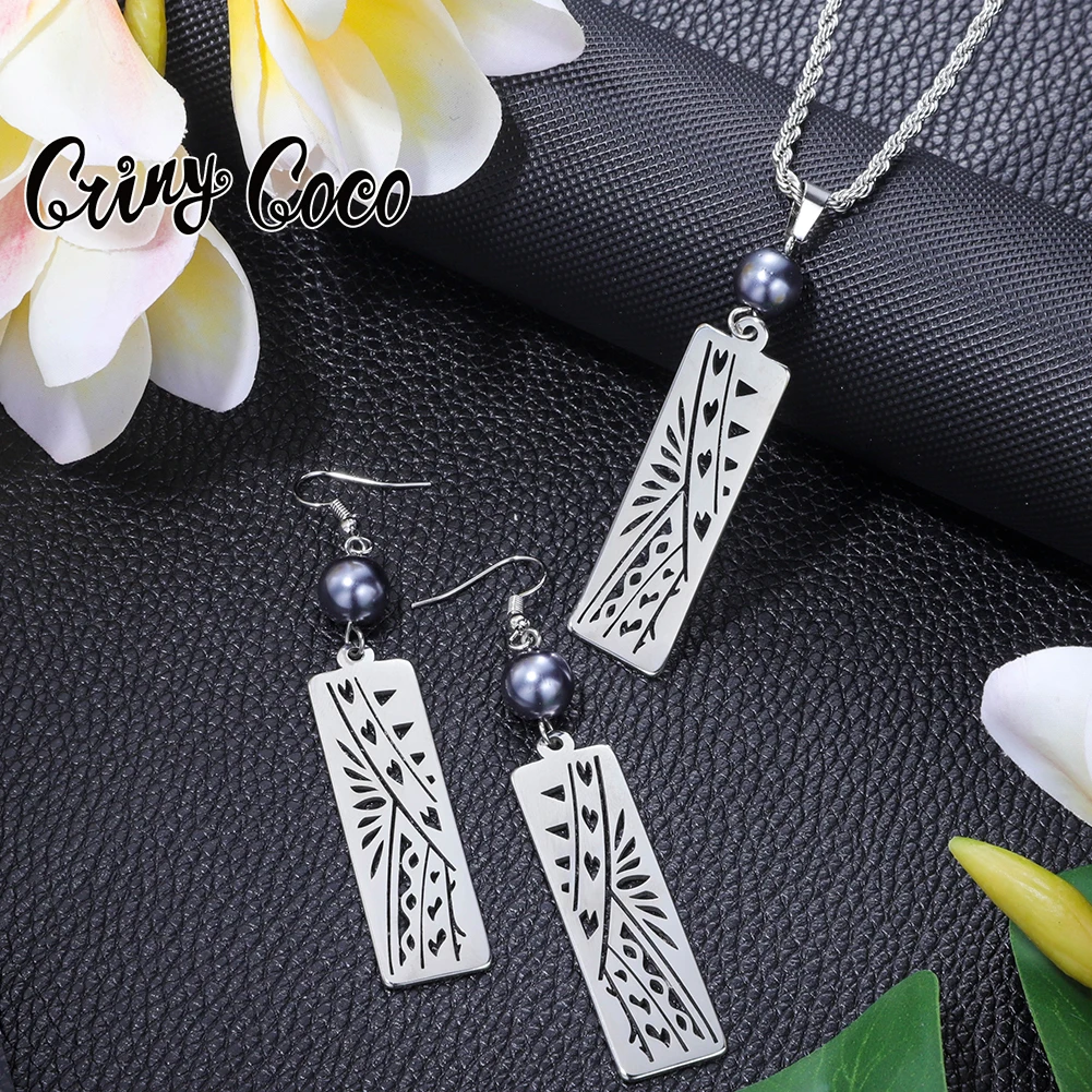 

Cring CoCo Fashion Samoan Sets Necklace Earrings Tribe Stainless Steel Rectangle Bar Polynesian Hawaiian Jewelry Set Wholesale, Picture shows