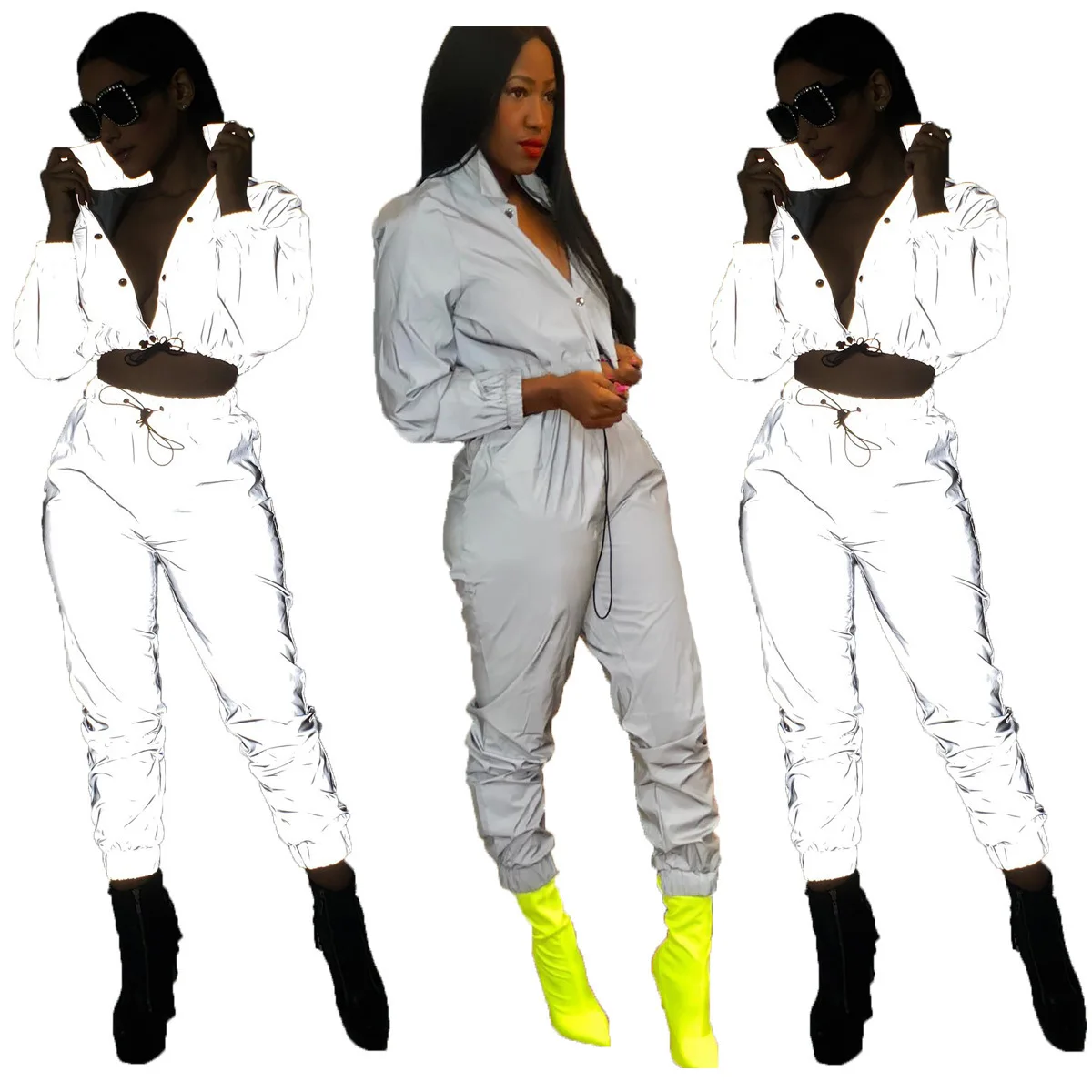 

women 2 Piece Outfits Reflect Light Long Sleeve Button Down Top + Skinny Pants