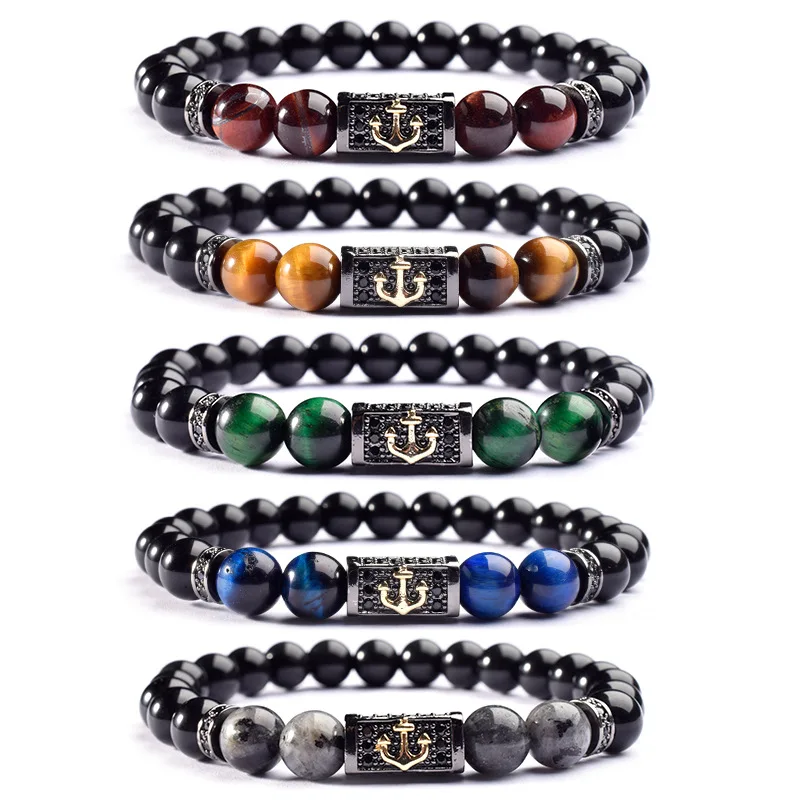 

Luxury Men Bead Bracelet High Quality CZ Micro Pave Anchor Charm Black Agate Gemstone Bracelet For Men Jewelry Bracelet