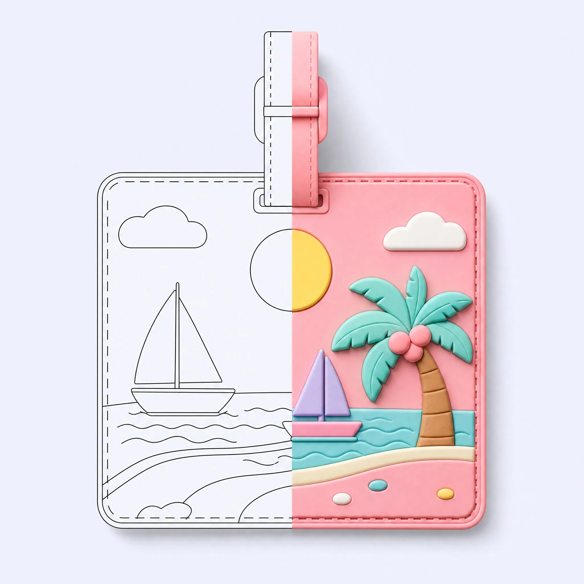 Custom 3D Soft PVC Luggage Tag 2D Blueprint Line Drawing to 3D Physical Product Comparison