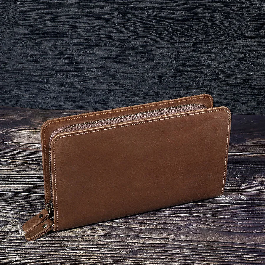 

Genuine Leather Men's Retro Business Casual Leather Handbags Brief Long Zipper Wallets pouch Mobile Phone Bags Horizontal Bag, Customized