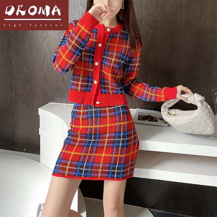 

Droma 2021 in stock manufacture price new checkered knit suit women top and skirt suit two-piece set, Picture color