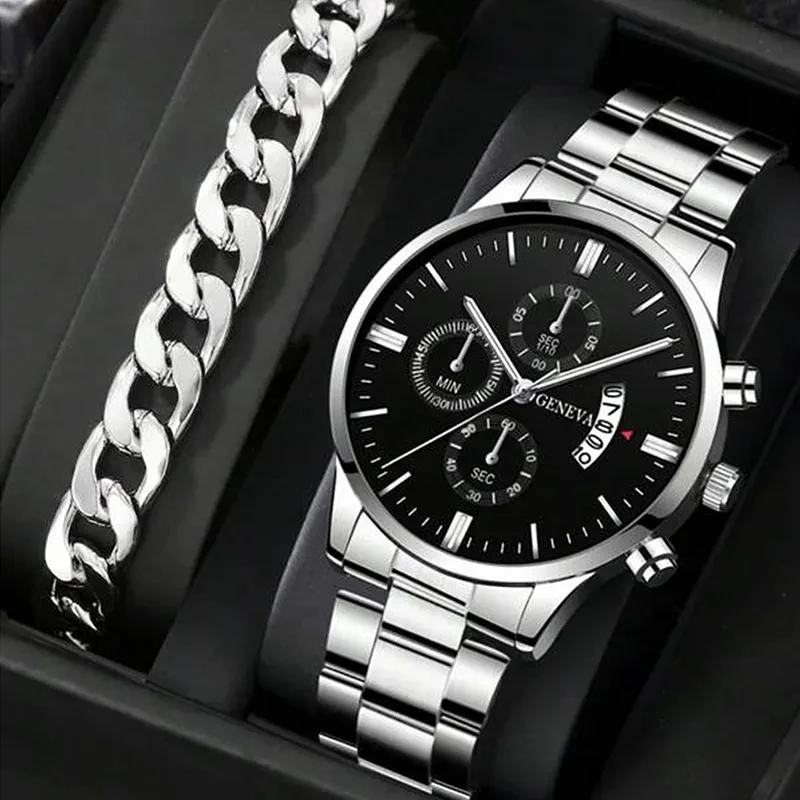 

Brand Business Analog Wristwatch Luxury Calendar Date Stainless Steel Bracelet Quartz Watch Set For Men