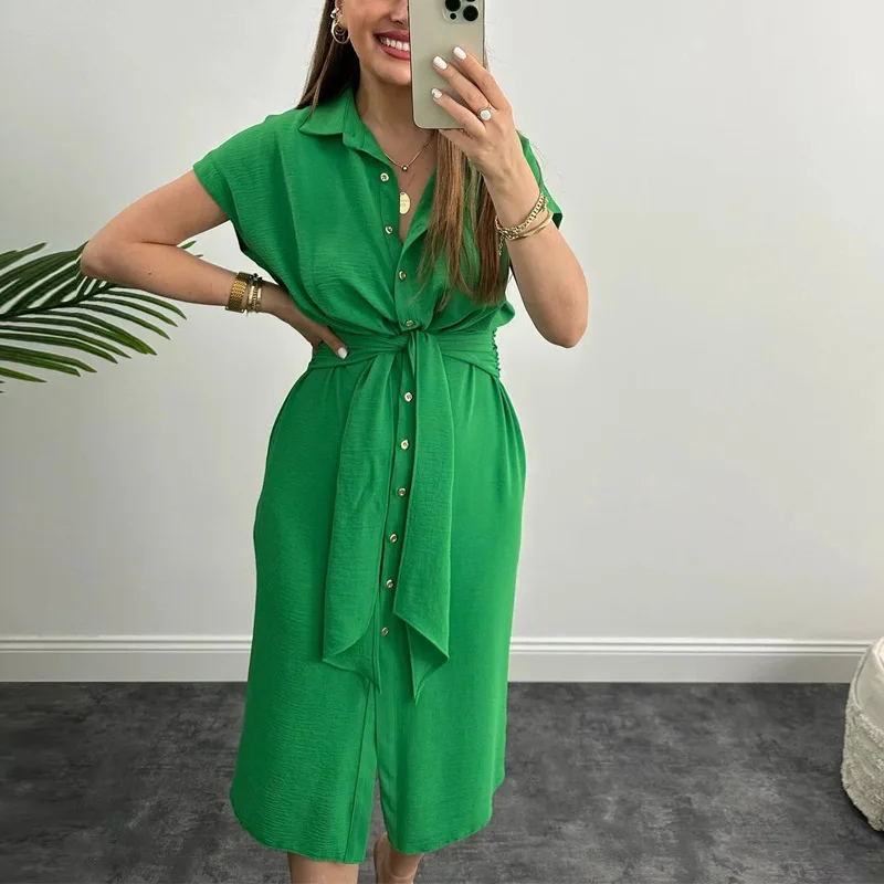 

Summer New Tie Temperament Short Sleeve Elegant Ladies Shirt Casual Dresses Women