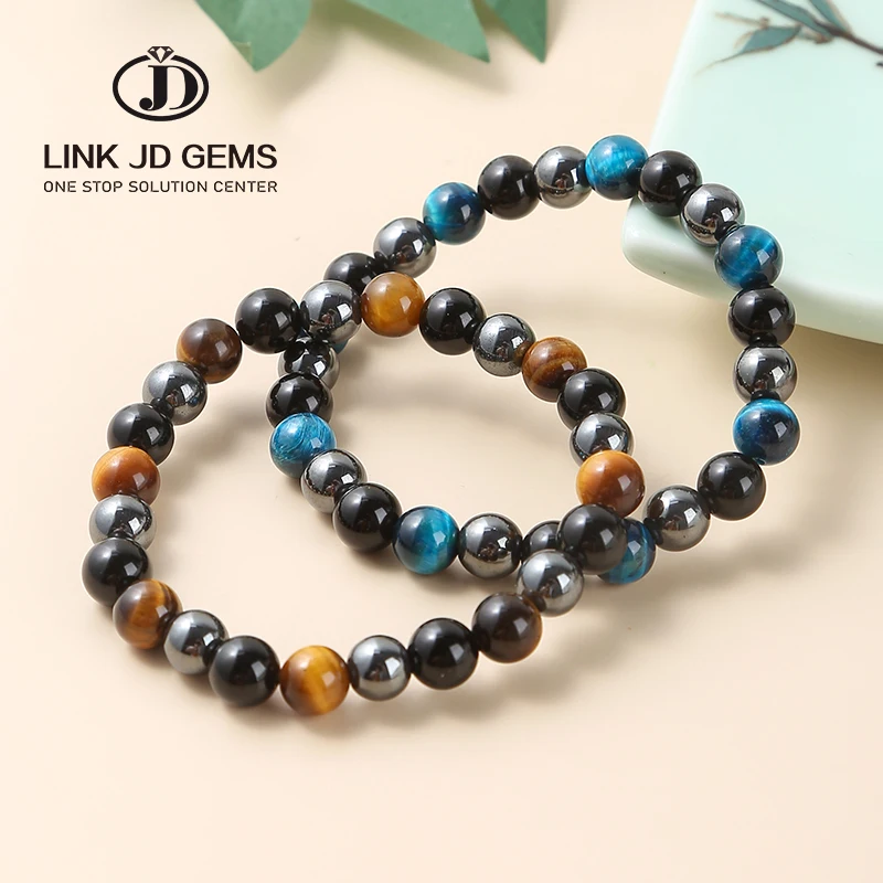 

JD Wholesale 8mm 5A Natural Yellow Tiger Eyes Stone Black Agate Hematite Stone Men's Bracelet