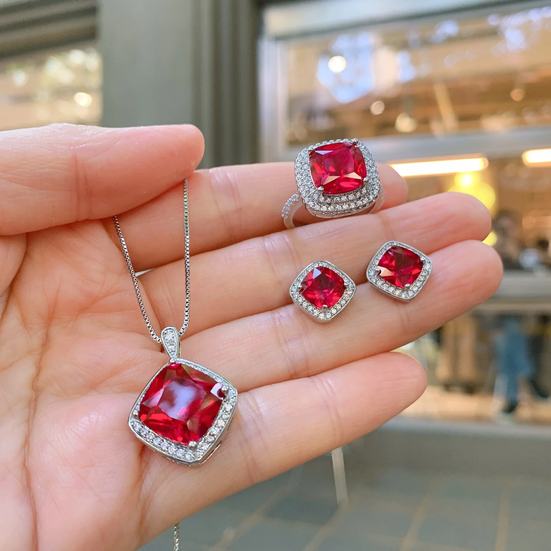 

Women's Created Ruby Gemstone Stud Earrings Pendant Necklace Charms Wedding Fine Jewelry Set for Women, Customized color