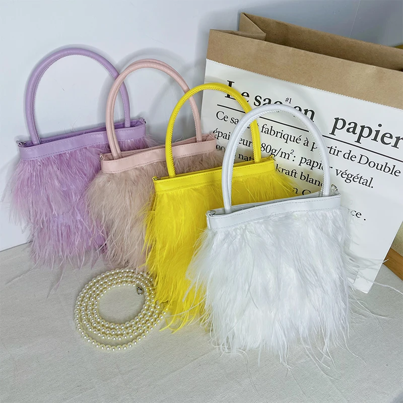 

Trendy Designer Female Faux Fur Top Handle Tote Woman's Bag Luxury Ostrich Feather Crossbody Purses And Handbag For Girls, Pink white purple yellow