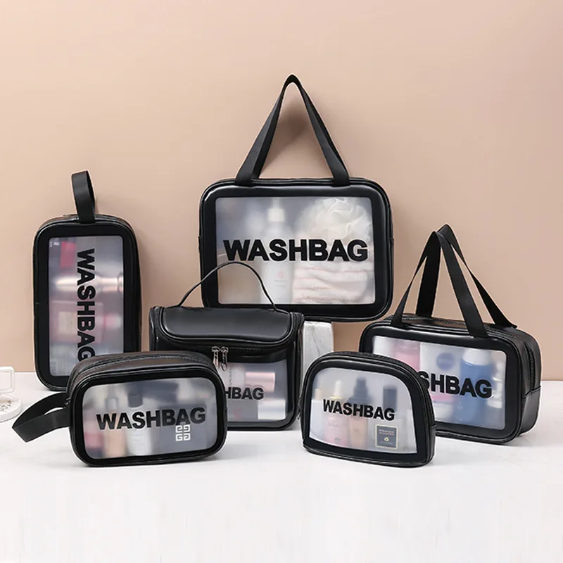 

PU Leather clear with logo waterproof makeup bag skincare bags cosmetic portable travel toiletry bag, Pink,black,white