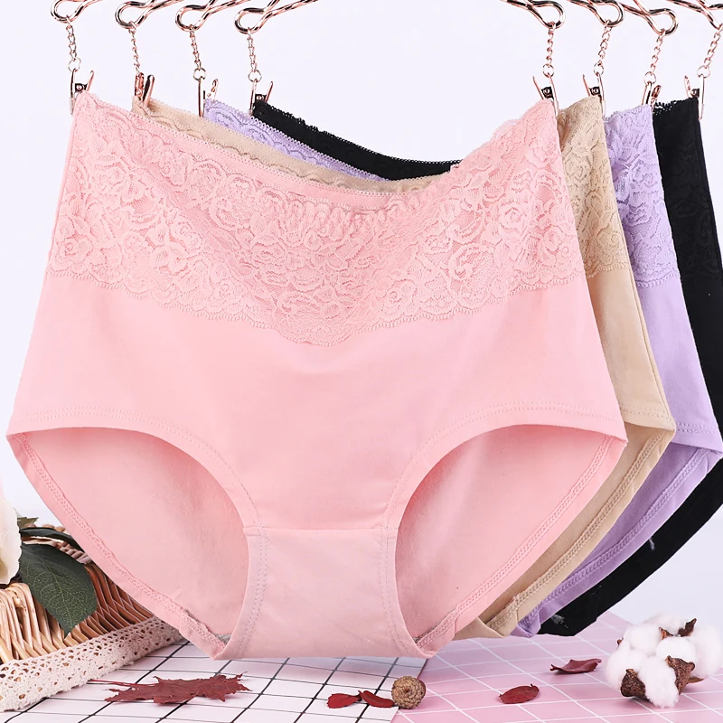 

High Waist large size women cotton underwear sexy lace ladies panties, Bean paste purple color pink color black