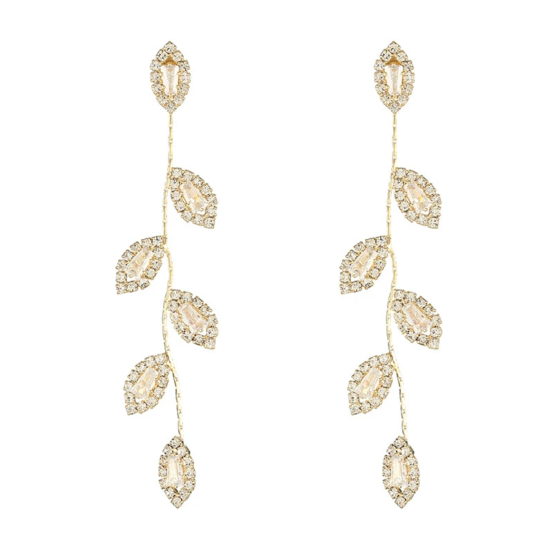 

S925 Silver Needle Plated 14K Gold Long stud Earrings with Zircon Fringe Leaf earrings