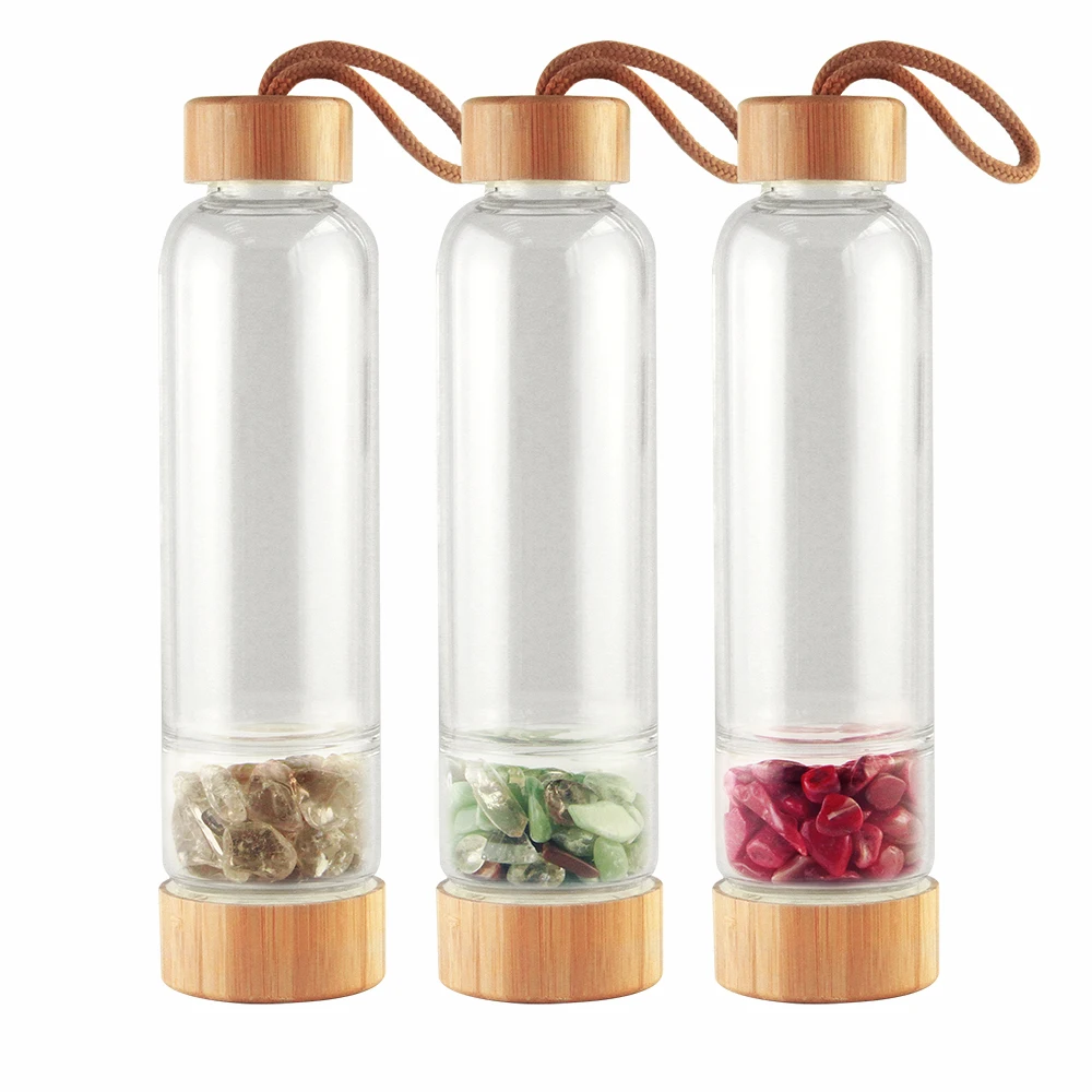 

bamboo lid gem crystal glass Water Bottle single wall Glass water bottle