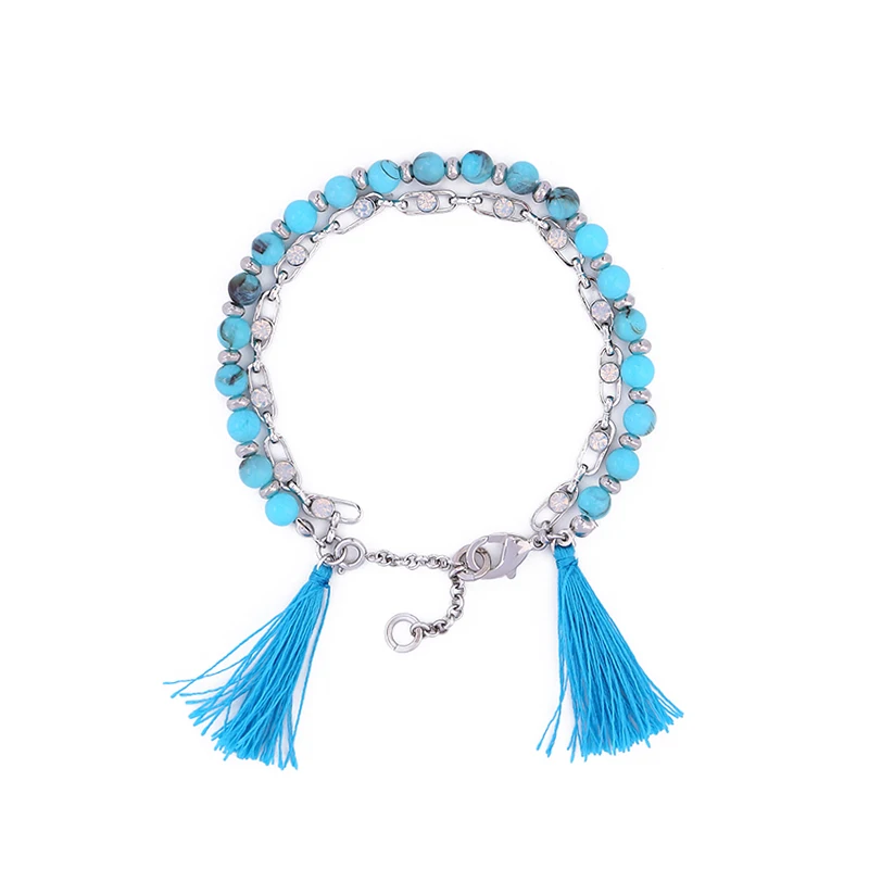 

sl00205b Vintage Blue Bead Silver Metal Blue Tassel Double Bracelet 2020