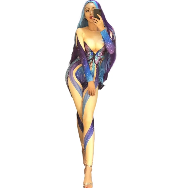 

Christia Bella Mono Mujer Sexy Party Costumes Long Sleeve Bodysuit Performance Wear Rhinestone Bodycon Women One Piece Jumpsuits
