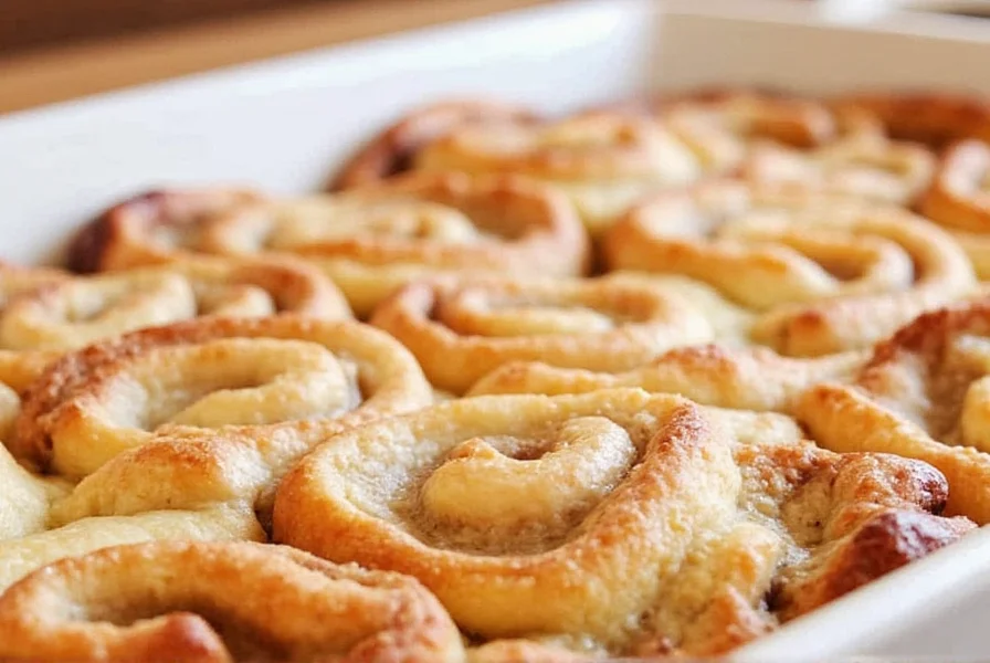 Sliced Pillsbury cinnamon roll casserole showing layered structure with cream cheese, cinnamon rolls, and nut topping on white plate with powdered sugar