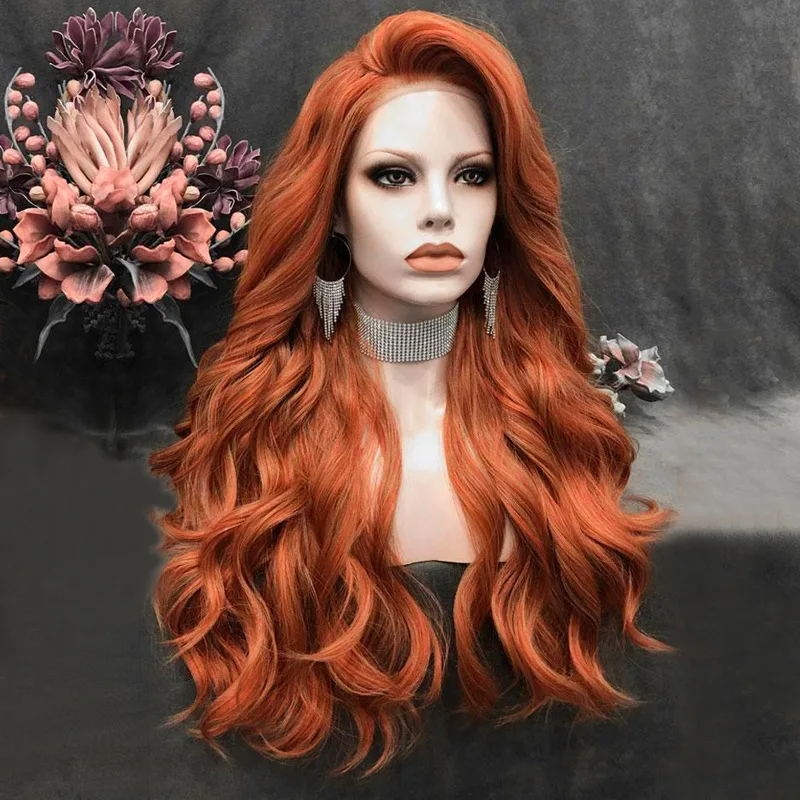 

Hot Sale Body Wave Orange Ginger 13x6 Lace Front Wigs High Temperature Wire Hair Pre Plucked Wavy Synthetic Hair Wigs, Black
