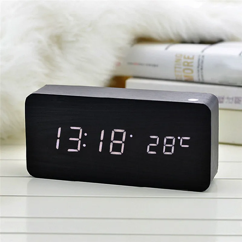 

LED Wooden Alarm Digital Snooze Table Wake Up Light Electronic Large Time Temperature Display Luminous Clock XNC