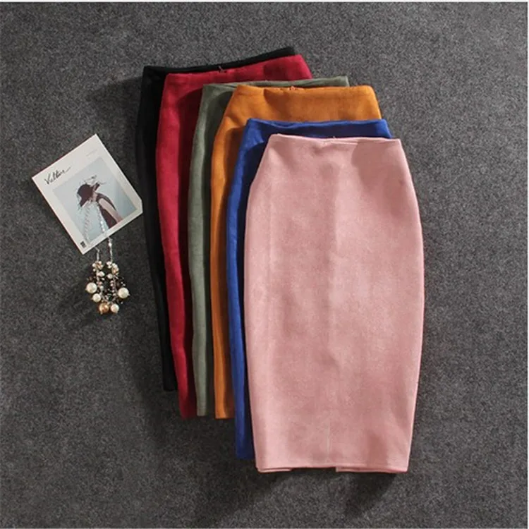 

Women's spring and summer new deerskin velvet buttock wrap slim solid color long skirt